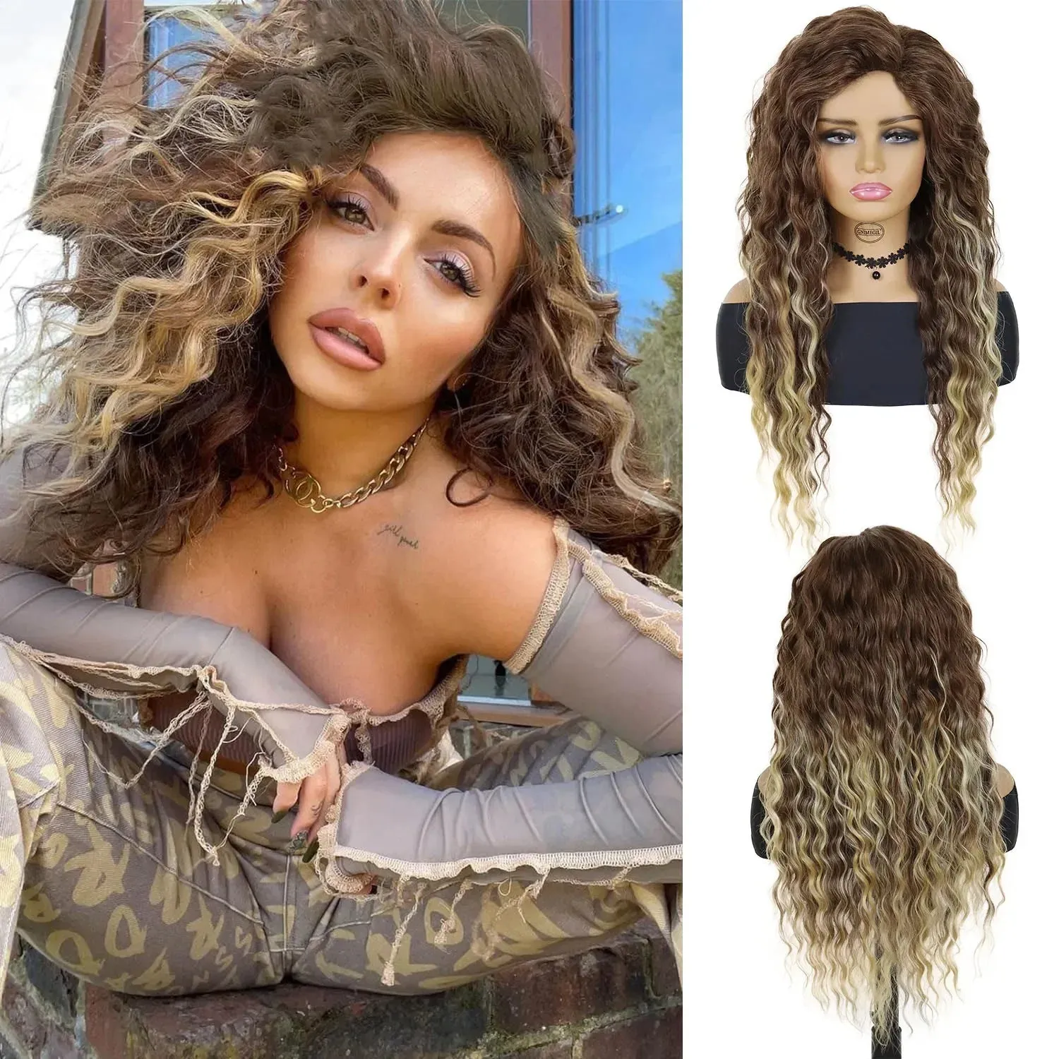 26 inches Long Hair Wigs for Women Synthetic Fiber Curly Brown Mix Blonde Wig Natural Female Halloween Carnival Party