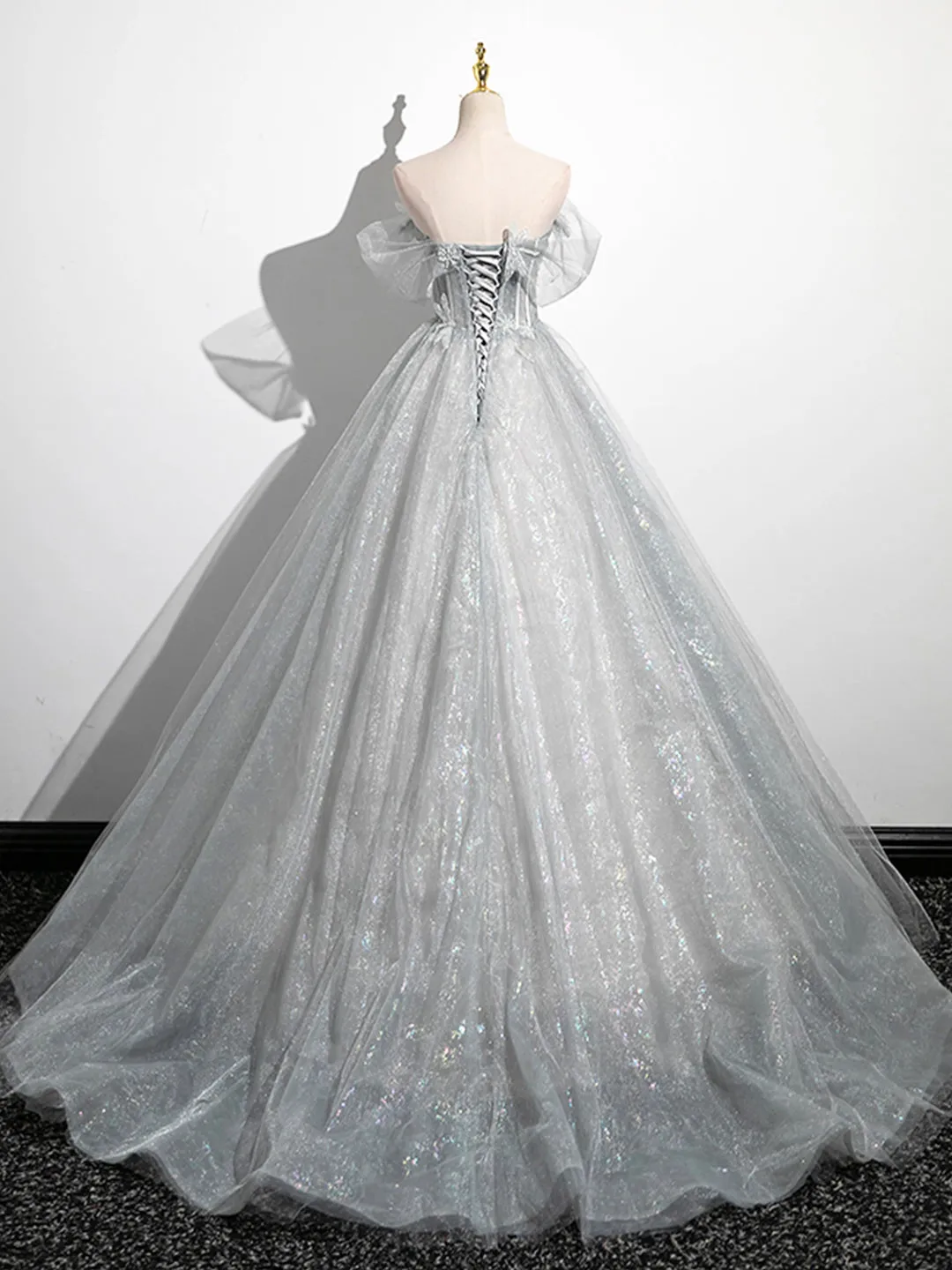 A-Line Off the Shoulder Sparkly Prom Dress, Gray Tulle Corset Floor Length Evening Dress