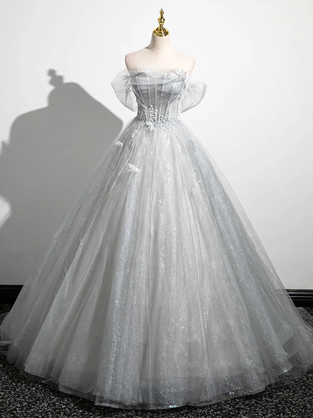 A-Line Off the Shoulder Sparkly Prom Dress, Gray Tulle Corset Floor Length Evening Dress