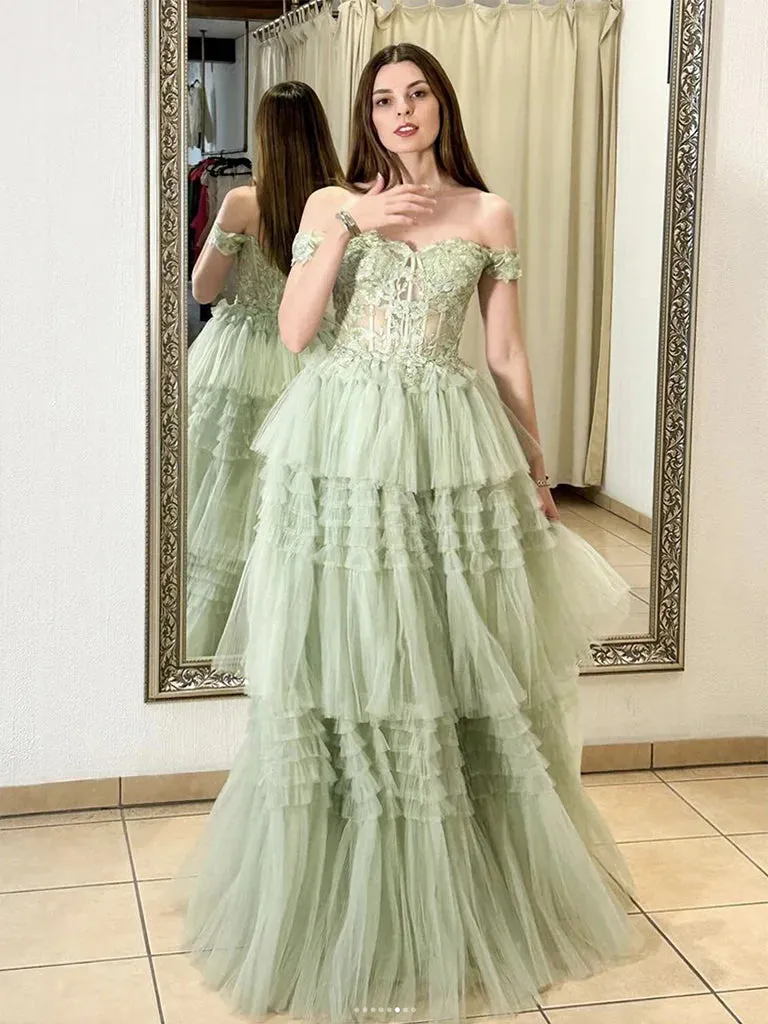 A-Line Princess Off Shoulder Tulle Lace Corset Ruffle Tiered Green Long Prom Dress