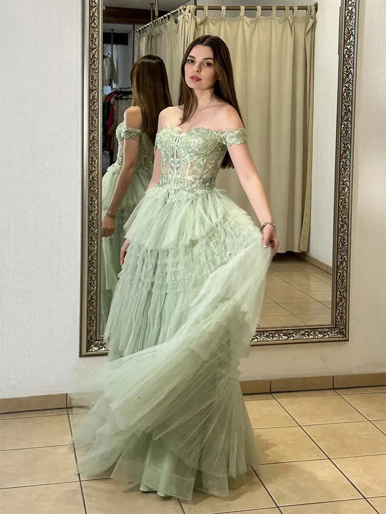 A-Line Princess Off Shoulder Tulle Lace Corset Ruffle Tiered Green Long Prom Dress