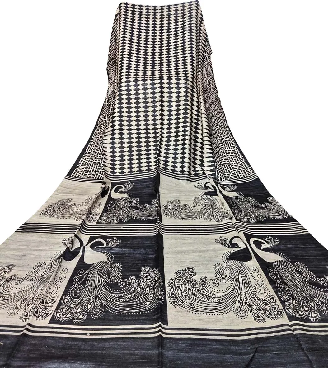 Black And White Block Printed Pure Tussar Ghicha Silk Saree