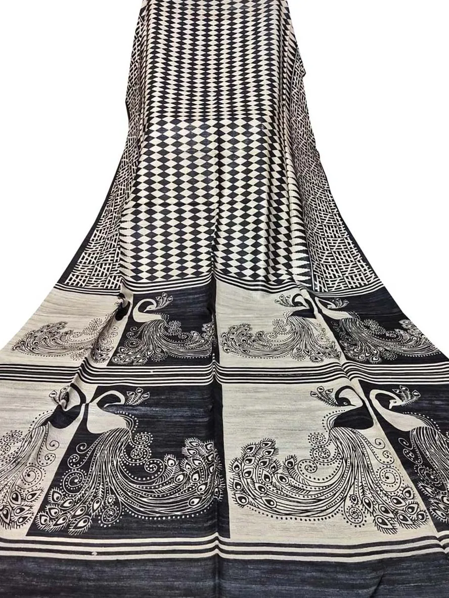 Black And White Block Printed Pure Tussar Ghicha Silk Saree