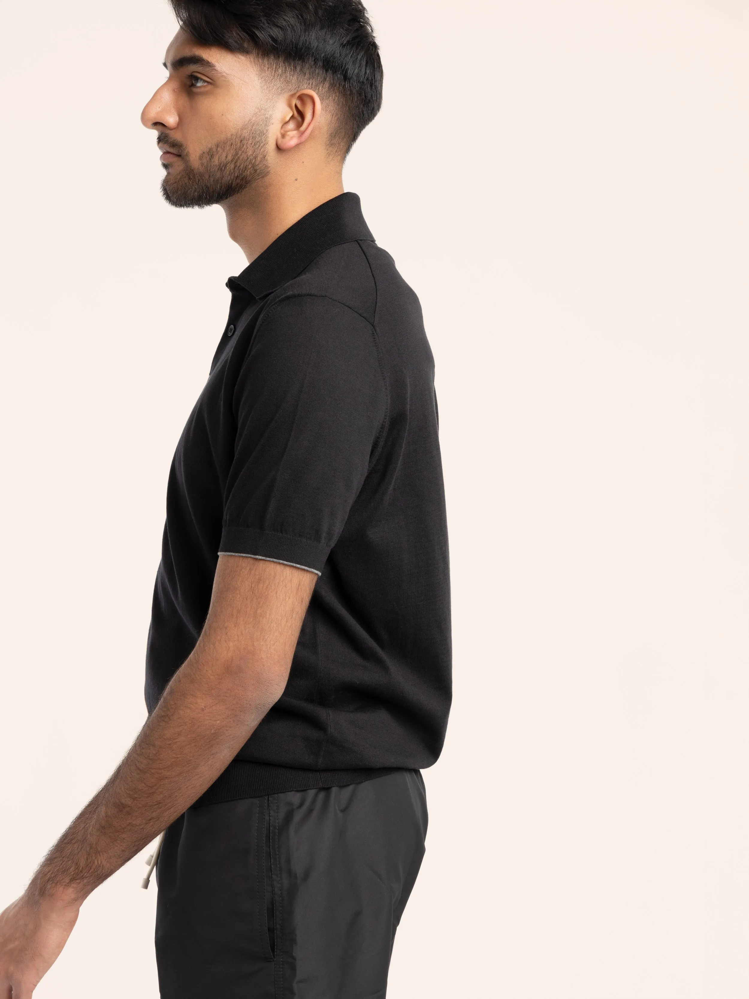 Black Cotton Lightweight Knit Polo