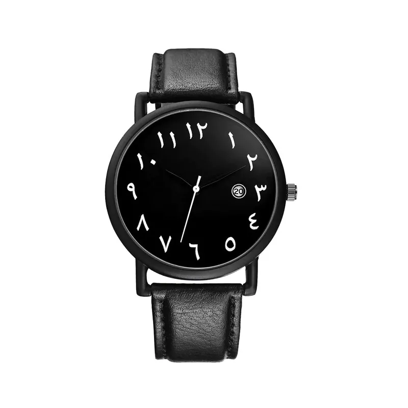 Black Leather Arabic Dial Watch | Men