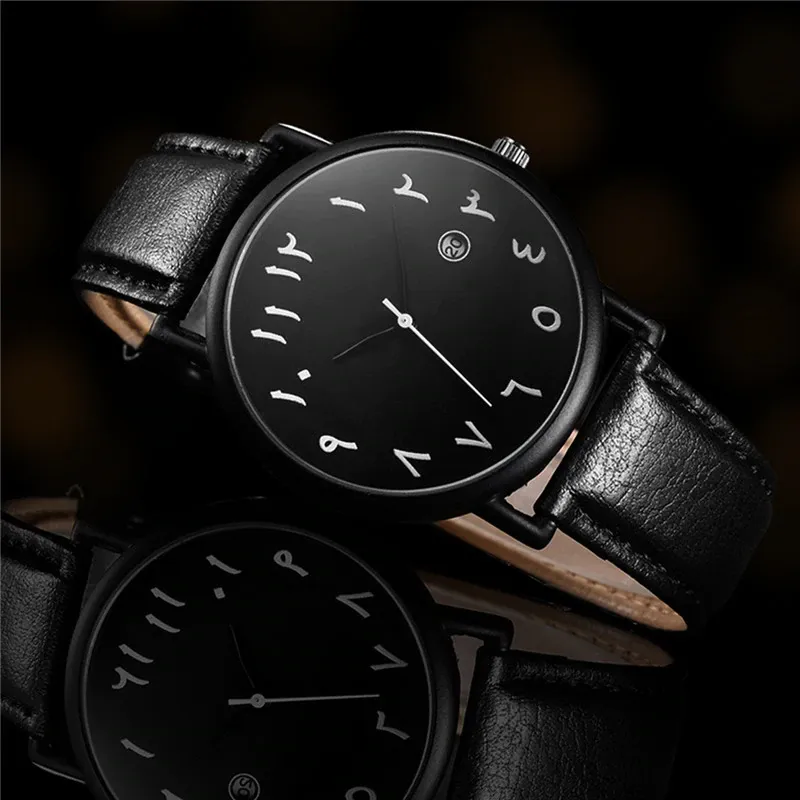 Black Leather Arabic Dial Watch | Men