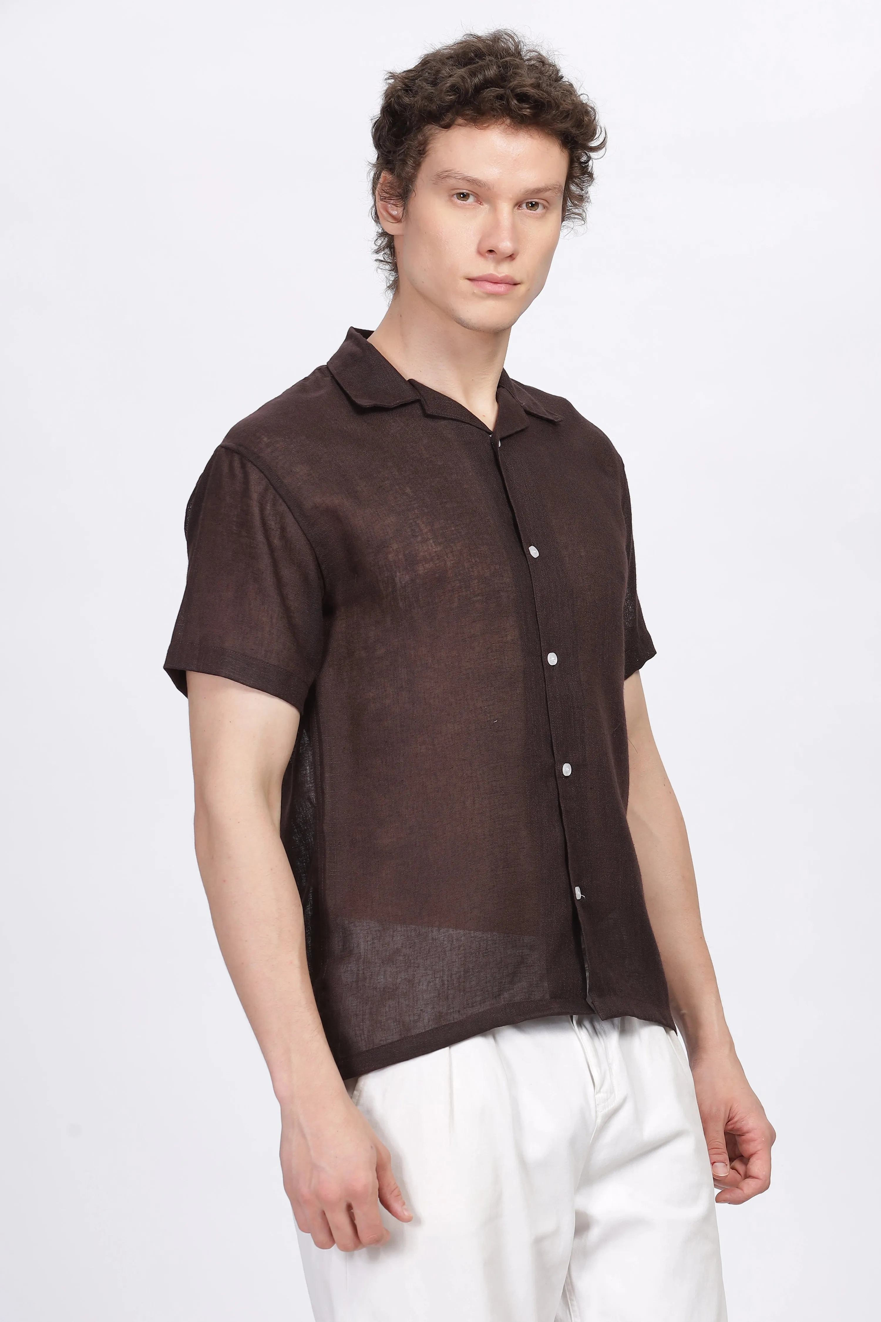 Brown half sleeve linen shirt for men