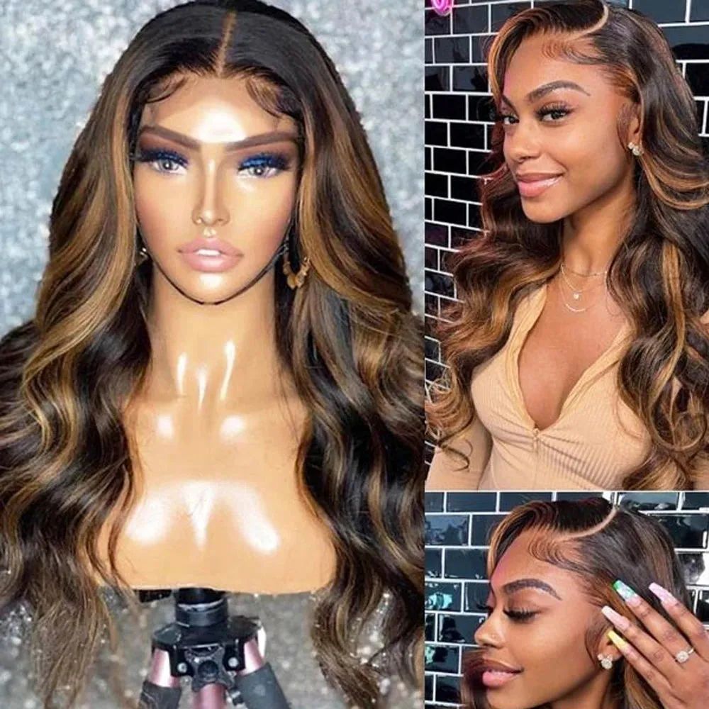 Brown Highlight Body Wave 13X4 Synthetic Lace Frontal Wigs Heat Resistant Fiber 28 30 Inches 4H27 Colored Glueless Wig For Women