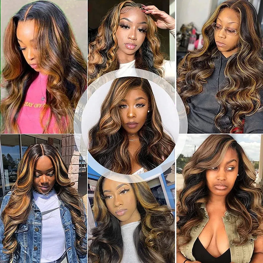 Brown Highlight Body Wave 13X4 Synthetic Lace Frontal Wigs Heat Resistant Fiber 28 30 Inches 4H27 Colored Glueless Wig For Women