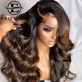 Brown Highlight Body Wave 13X4 Synthetic Lace Frontal Wigs Heat Resistant Fiber 28 30 Inches 4H27 Colored Glueless Wig For Women