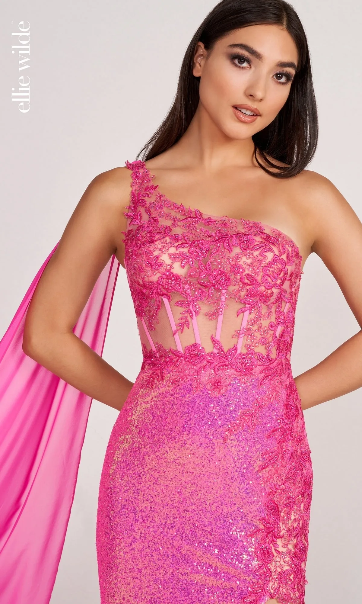 Cape Sleeve Sheer Corset Prom Dress EW34020