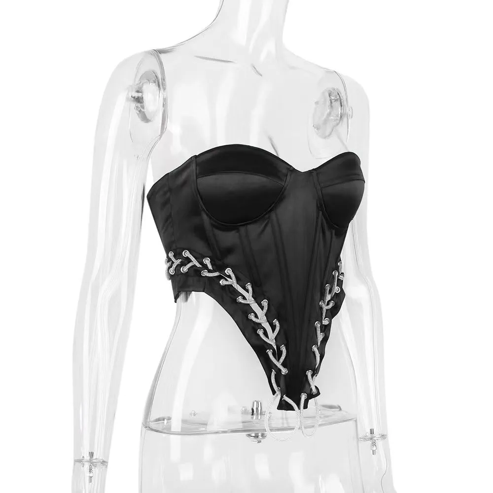 Corset 'Luxury Date Night' - Corset top satinat cu snururi stralucitoare