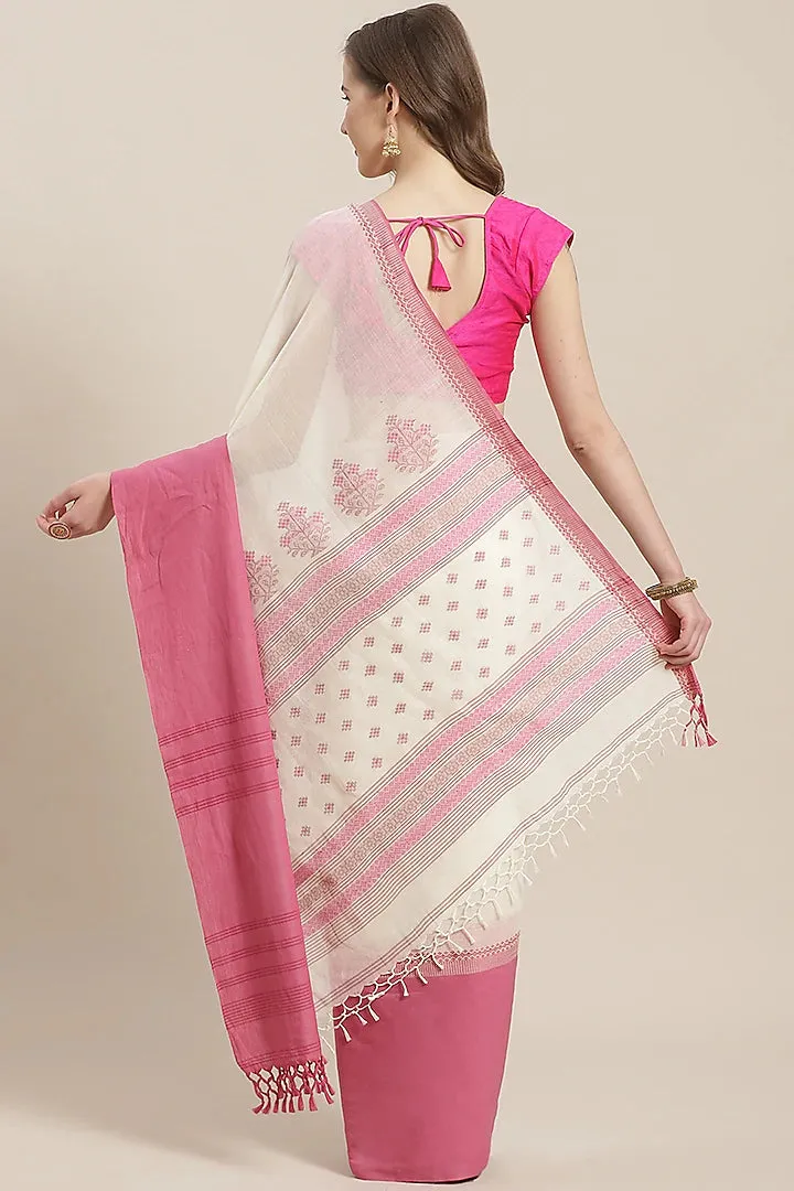 Cream & Pink Cotton Saree