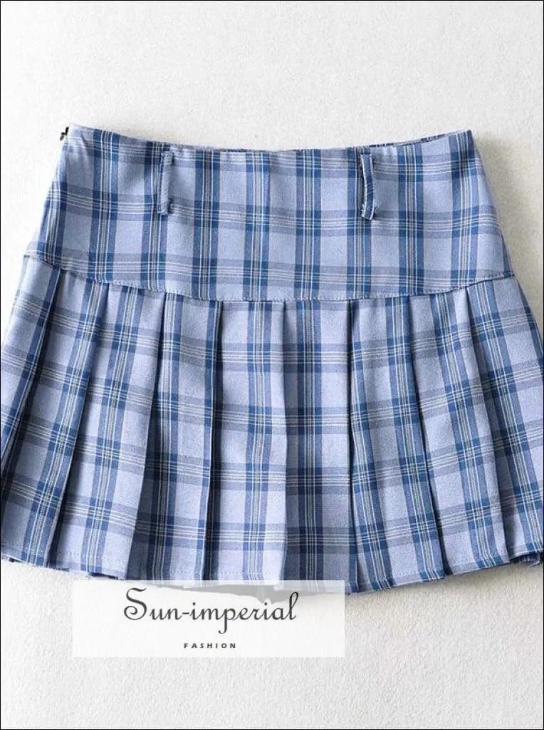 Dark Blue High Waist Pleated Tennis Check Mini Skirt with Underpants