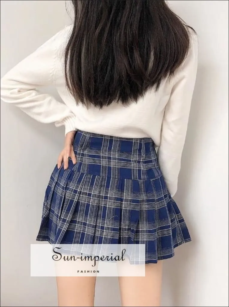 Dark Blue High Waist Pleated Tennis Check Mini Skirt with Underpants