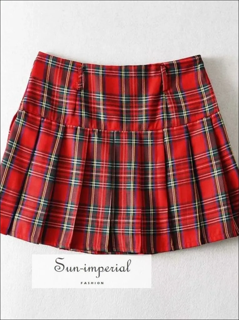 Dark Blue High Waist Pleated Tennis Check Mini Skirt with Underpants