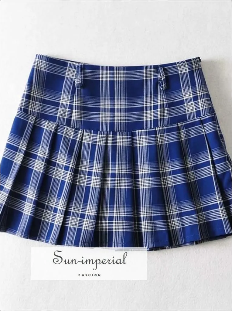 Dark Blue High Waist Pleated Tennis Check Mini Skirt with Underpants