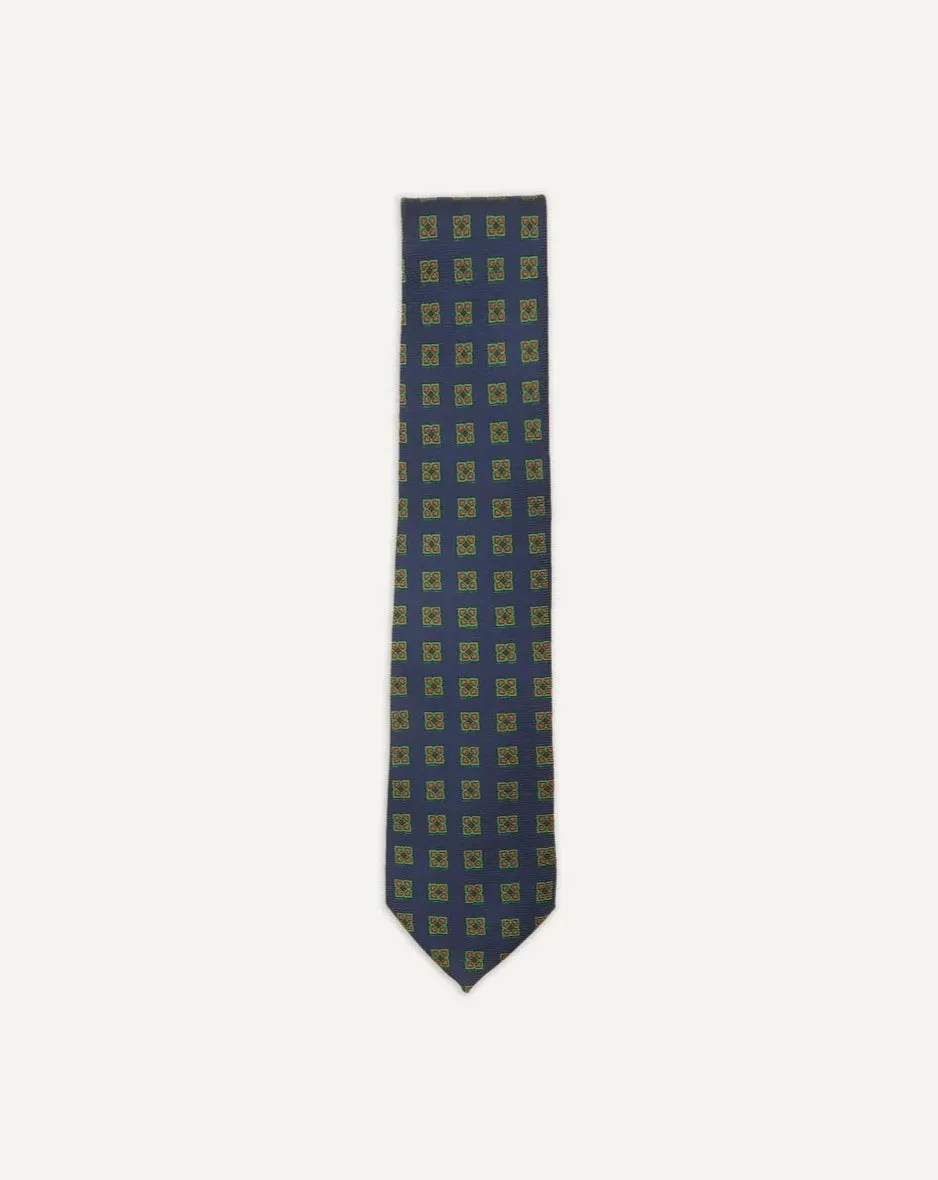 Drake's Diamond Medallion Print Madder Twill Silk Tie / Navy & Green