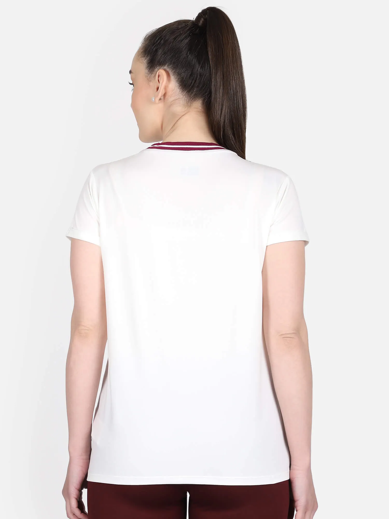 Emma Women Polyester White & Maroon T-Shirt