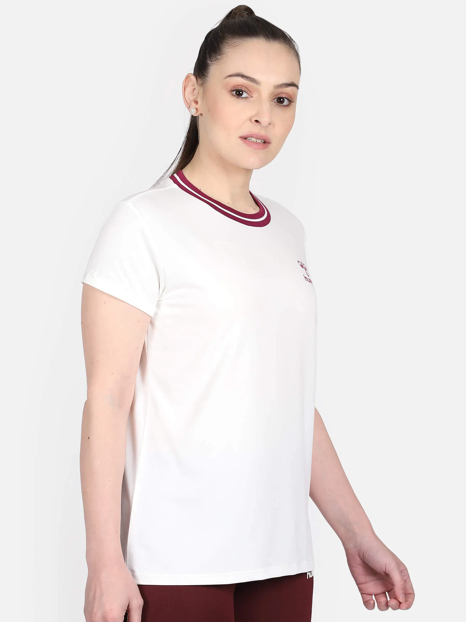 Emma Women Polyester White & Maroon T-Shirt