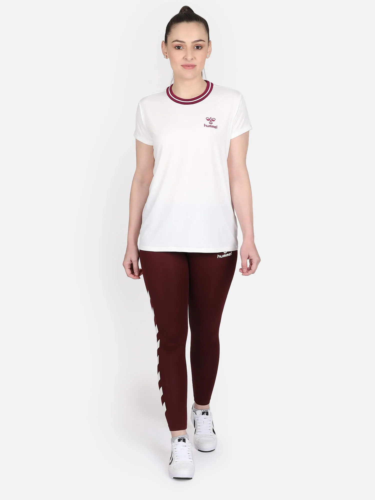 Emma Women Polyester White & Maroon T-Shirt