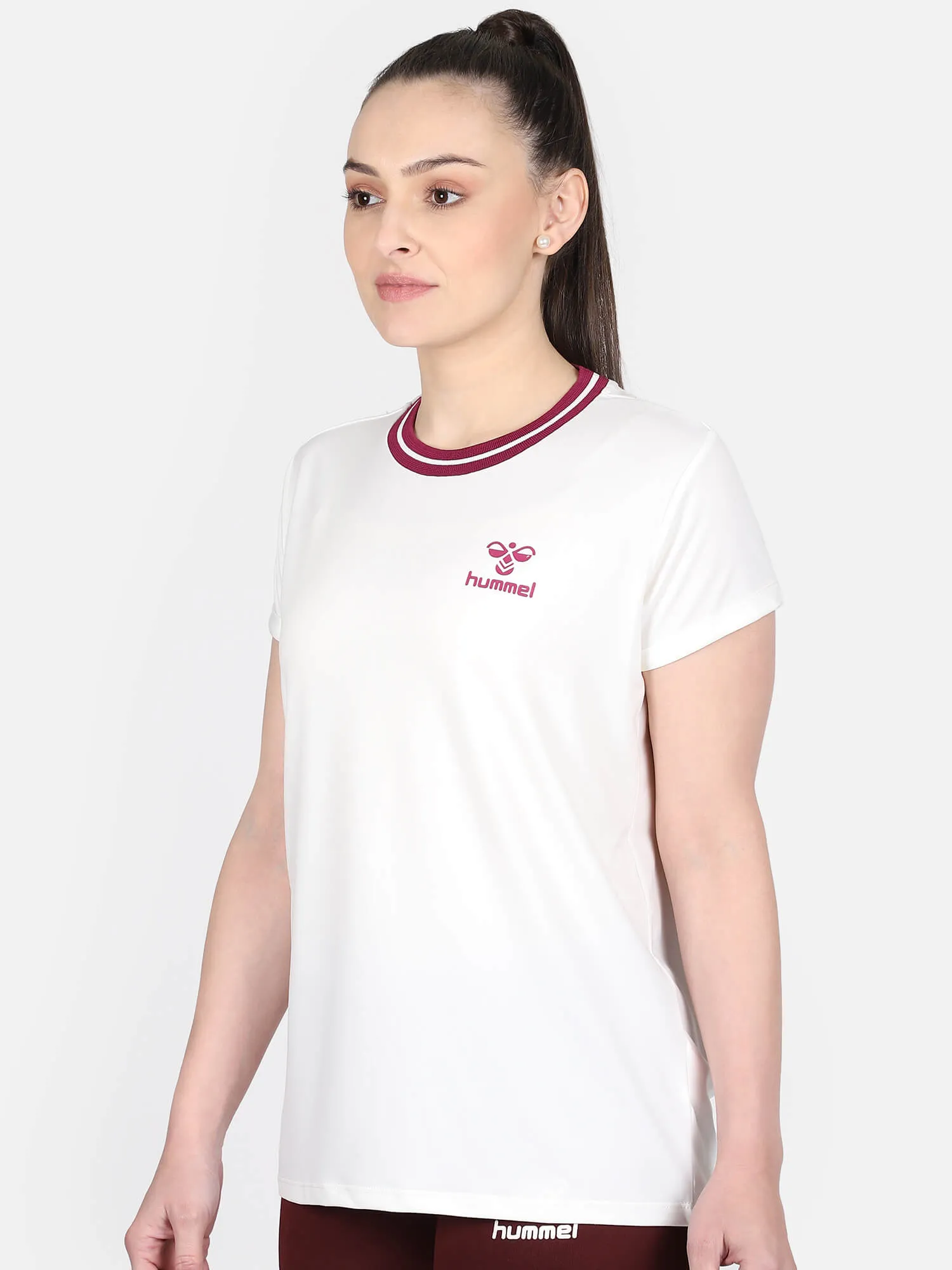 Emma Women Polyester White & Maroon T-Shirt