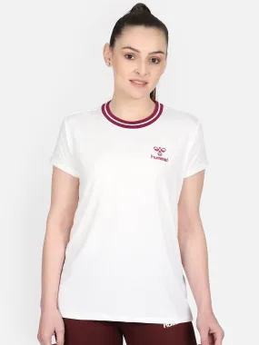 Emma Women Polyester White & Maroon T-Shirt