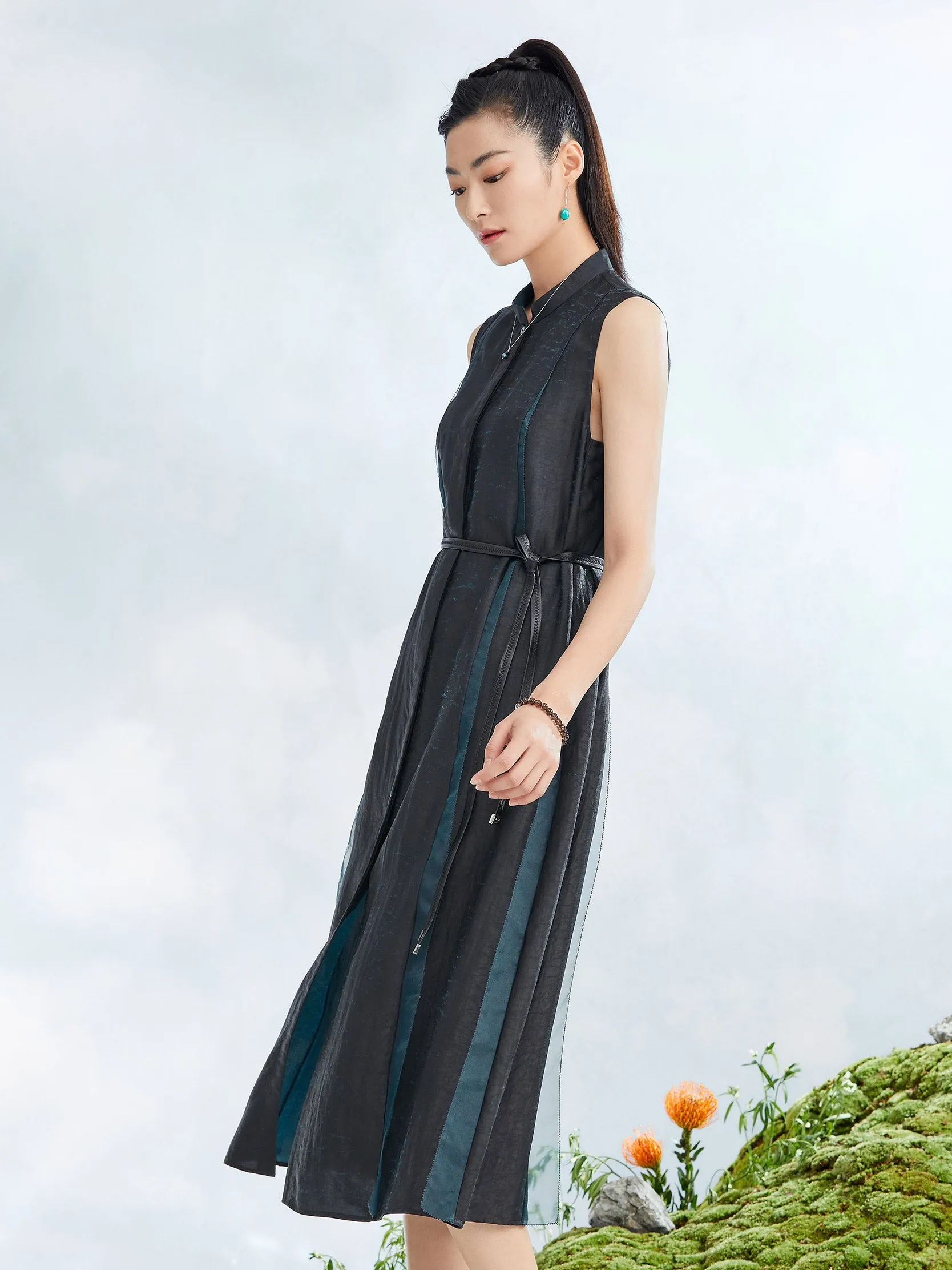 Gambiered Guangdong Silk Sleeveless Vest Dress