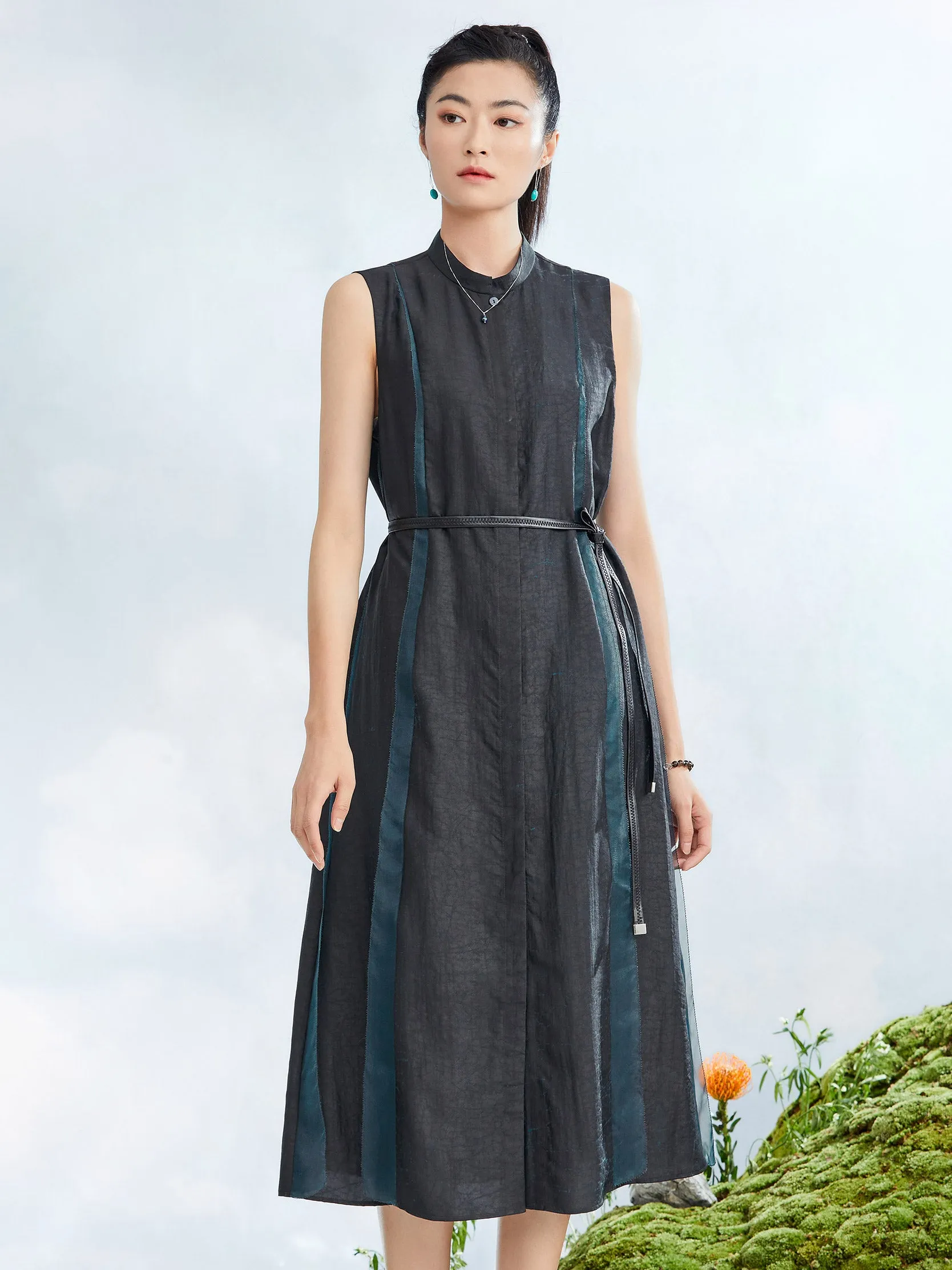 Gambiered Guangdong Silk Sleeveless Vest Dress