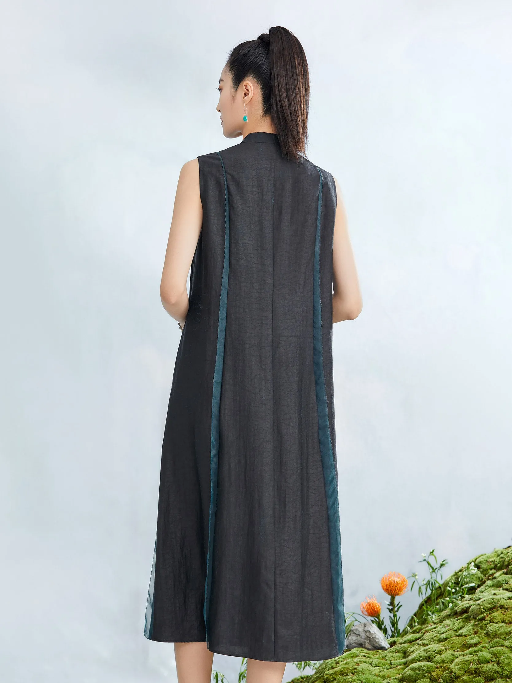 Gambiered Guangdong Silk Sleeveless Vest Dress