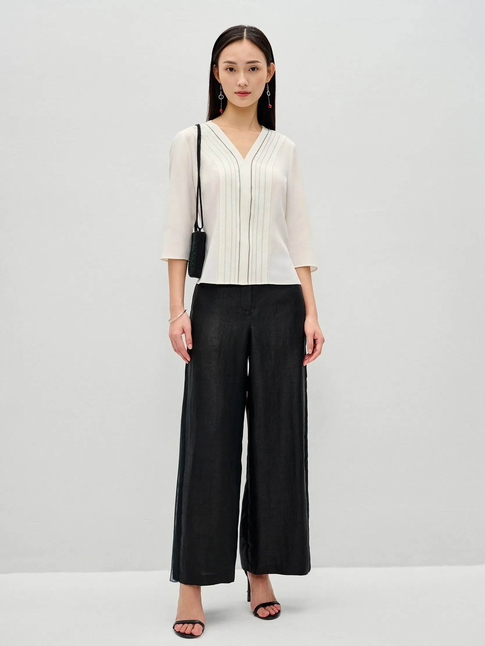 Gambiered Guangdong Silk Splice Wide-leg Trouser