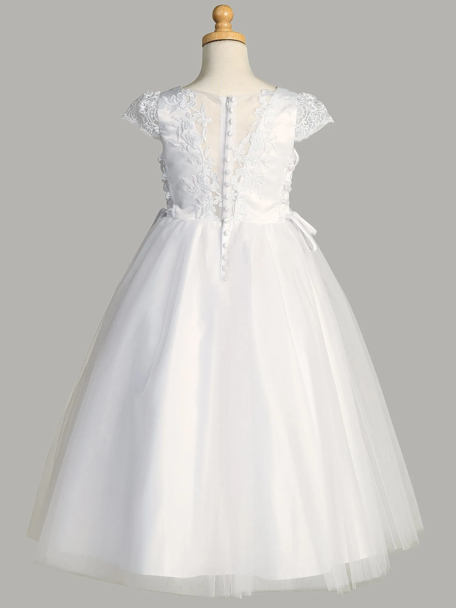 Girls White First Communion Dress w/ Satin Bodice & Lace Cap Sleeves (715)