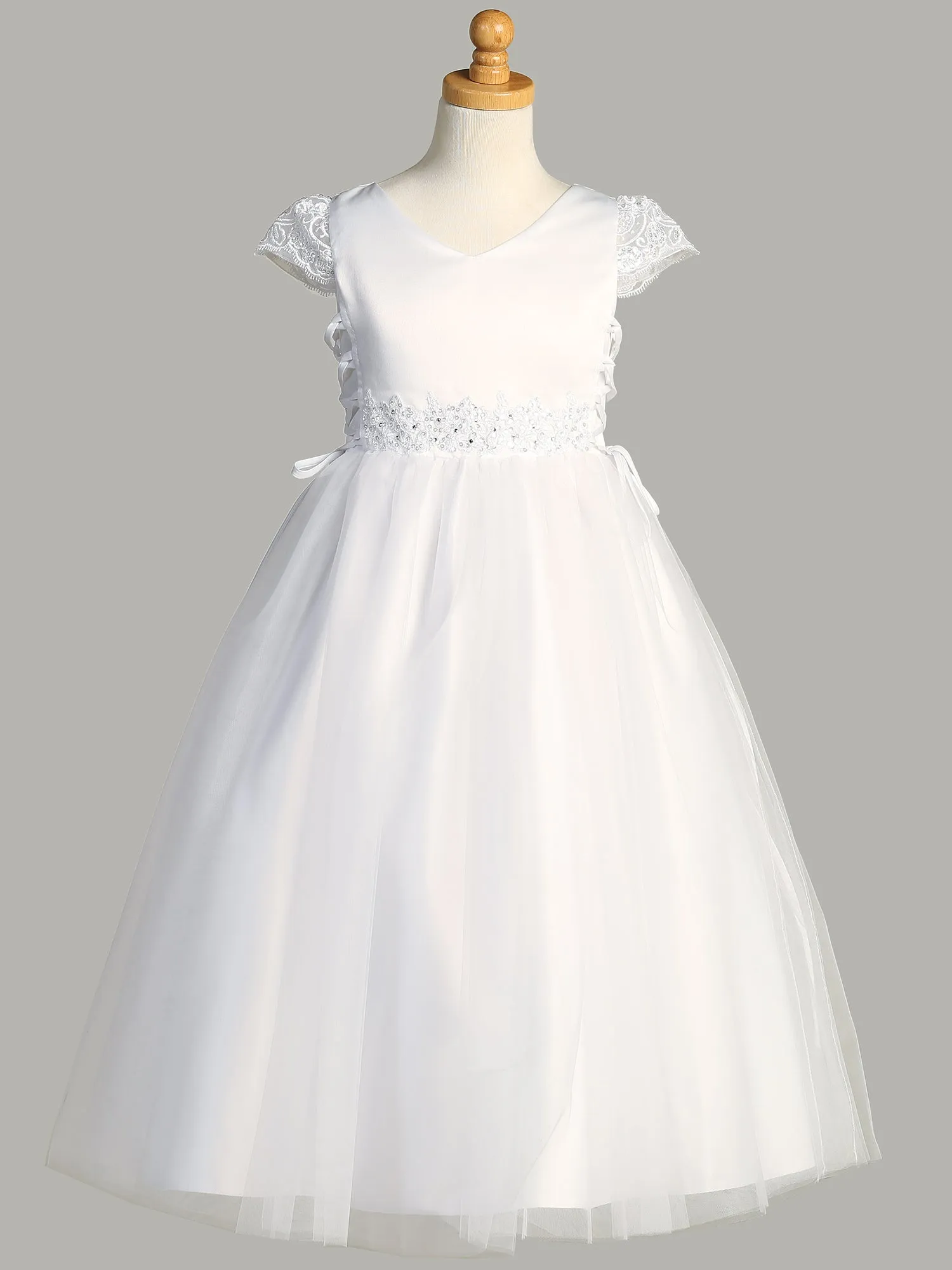 Girls White First Communion Dress w/ Satin Bodice & Lace Cap Sleeves (715)