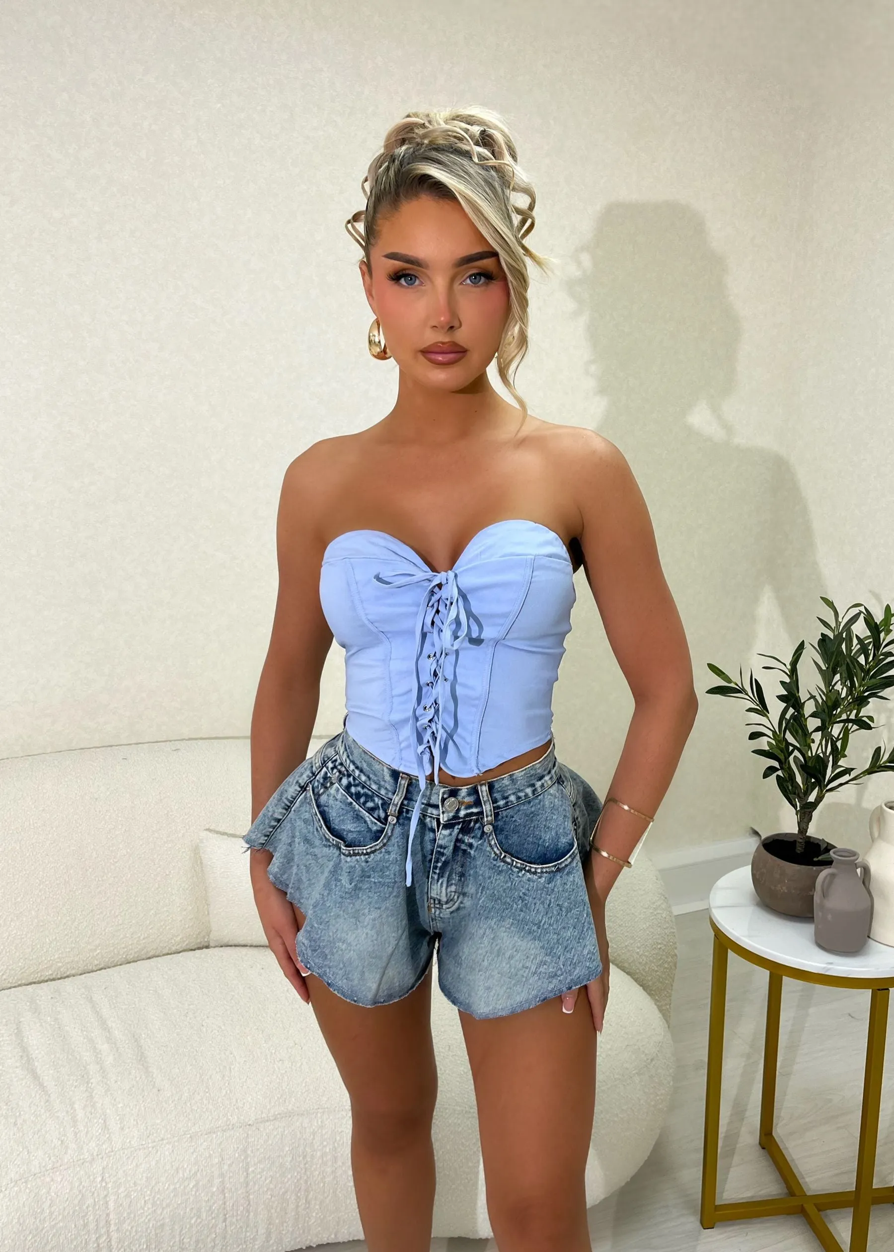 Good Spirits Strapless Lace Up Corset Top - Blue