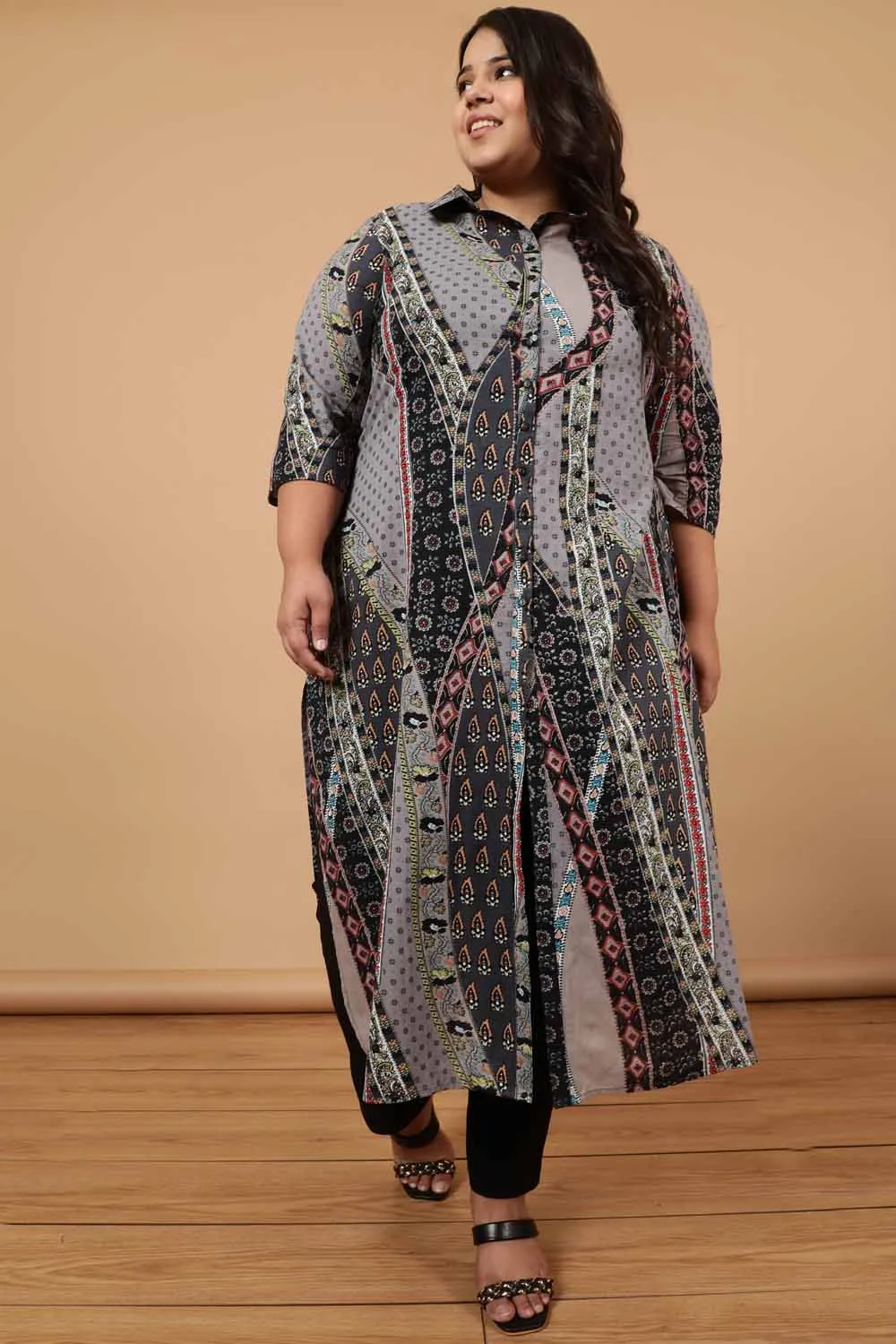 Grey Printed Cotton Kurta Shrug