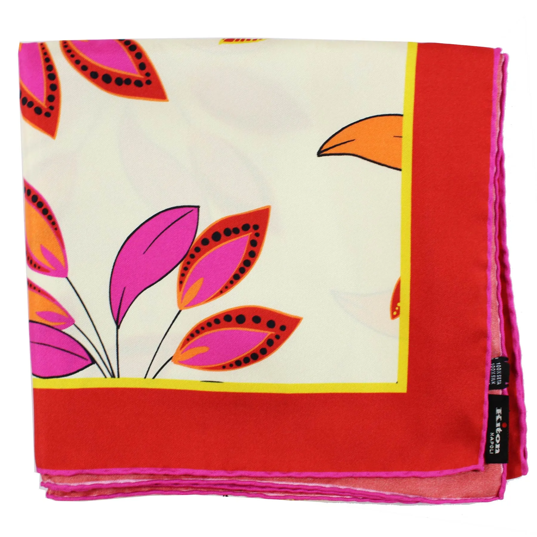 Kiton Scarf White Red Yellow Floral - Twill Silk Square Women Foulard