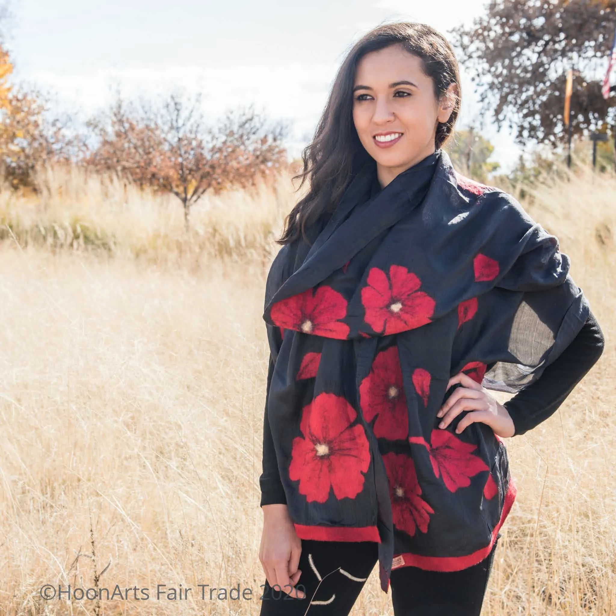 Kyrgyz Silk and Felted Scarf, Red Poppies on Dark Grey