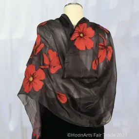 Kyrgyz Silk and Felted Scarf, Red Poppies on Dark Grey