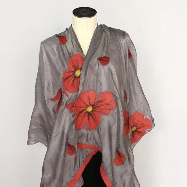 Kyrgyz Silk and Felted Scarf, Red Poppies on Light Grey