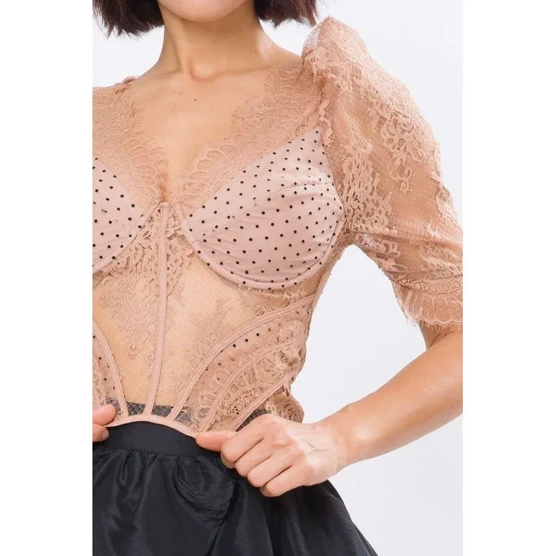 Lace Corset Balloon Sleeve Top - Mocha