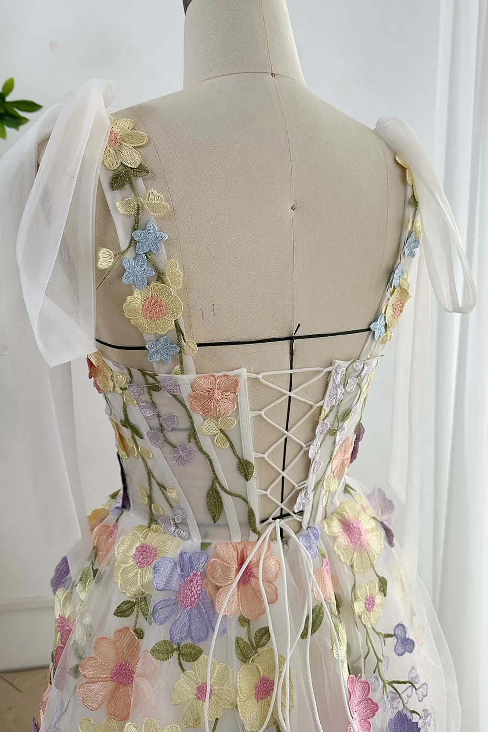 Lavender Embroidery Floral Corset Long Dress with Tie Straps