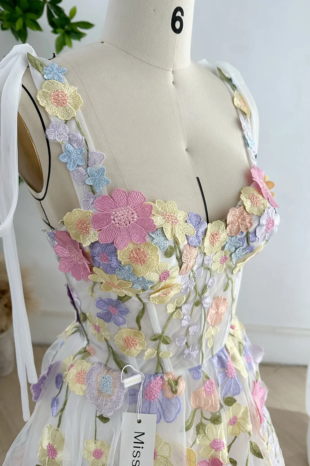 Lavender Embroidery Floral Corset Long Dress with Tie Straps