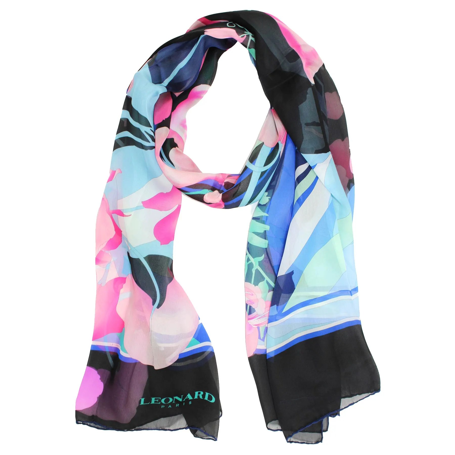 Leonard Paris Scarf Black Royal Blue Pink Floral - Chiffon Silk Shawl