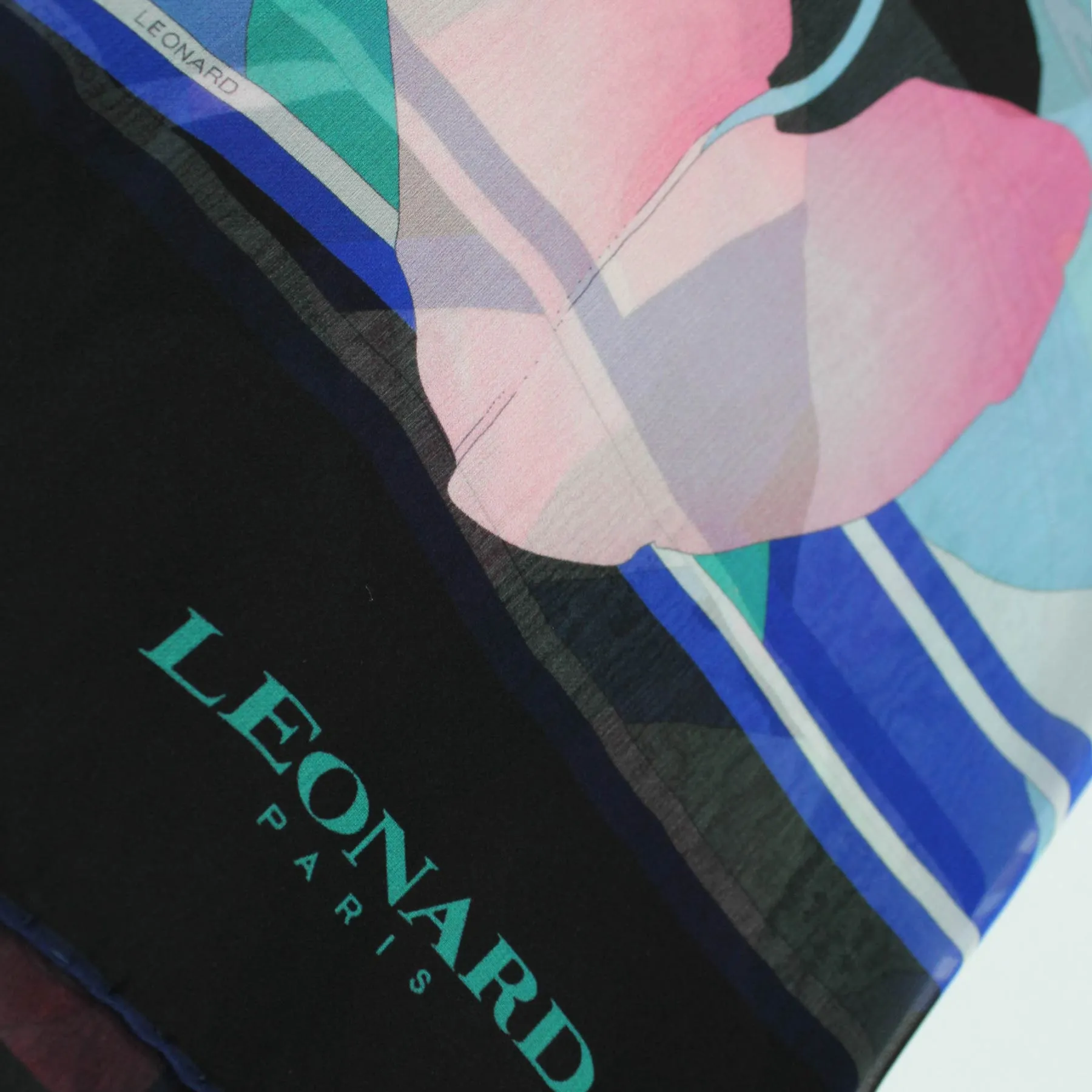 Leonard Paris Scarf Black Royal Blue Pink Floral - Chiffon Silk Shawl