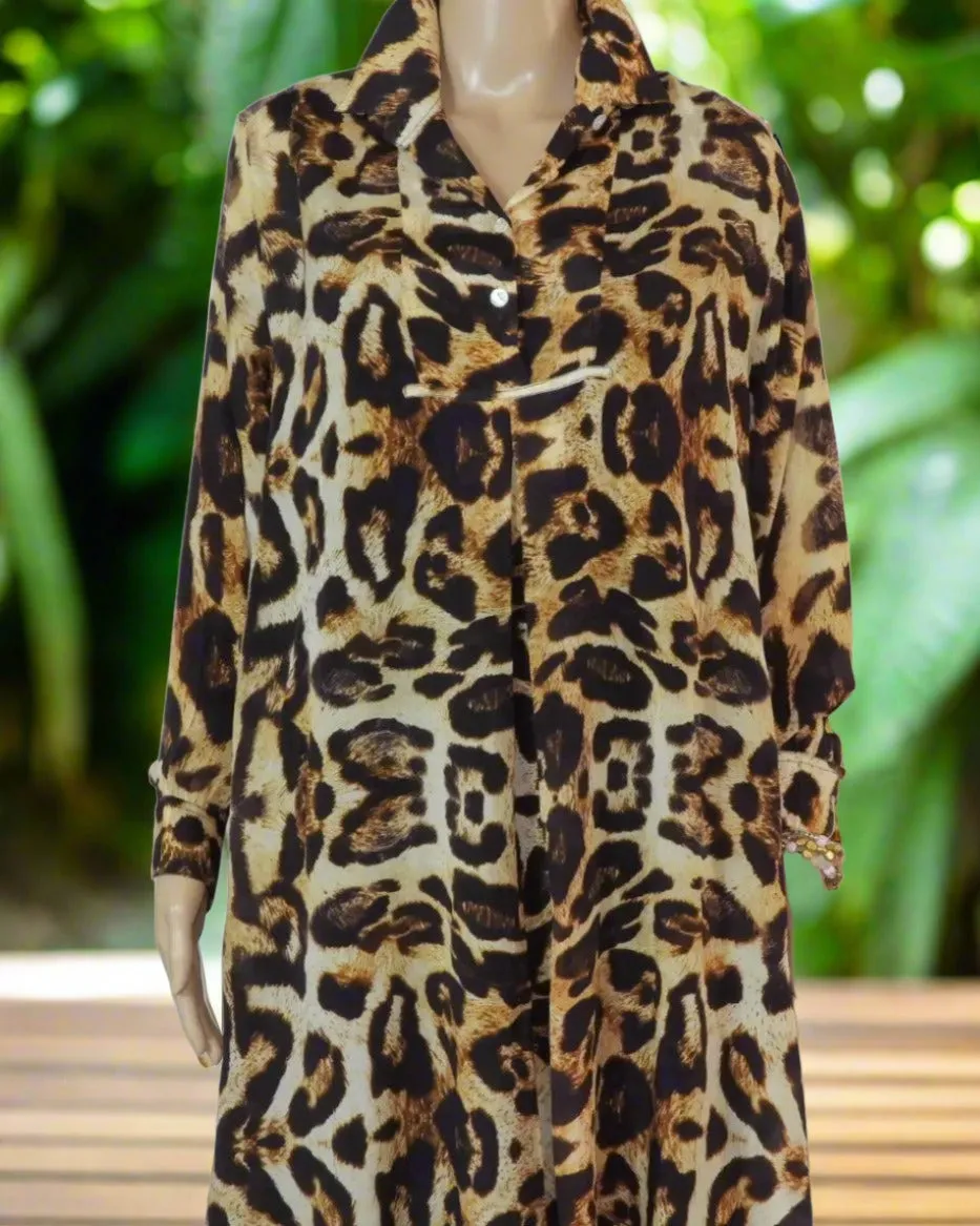 Leopard Silk Swing Shirt with Collar