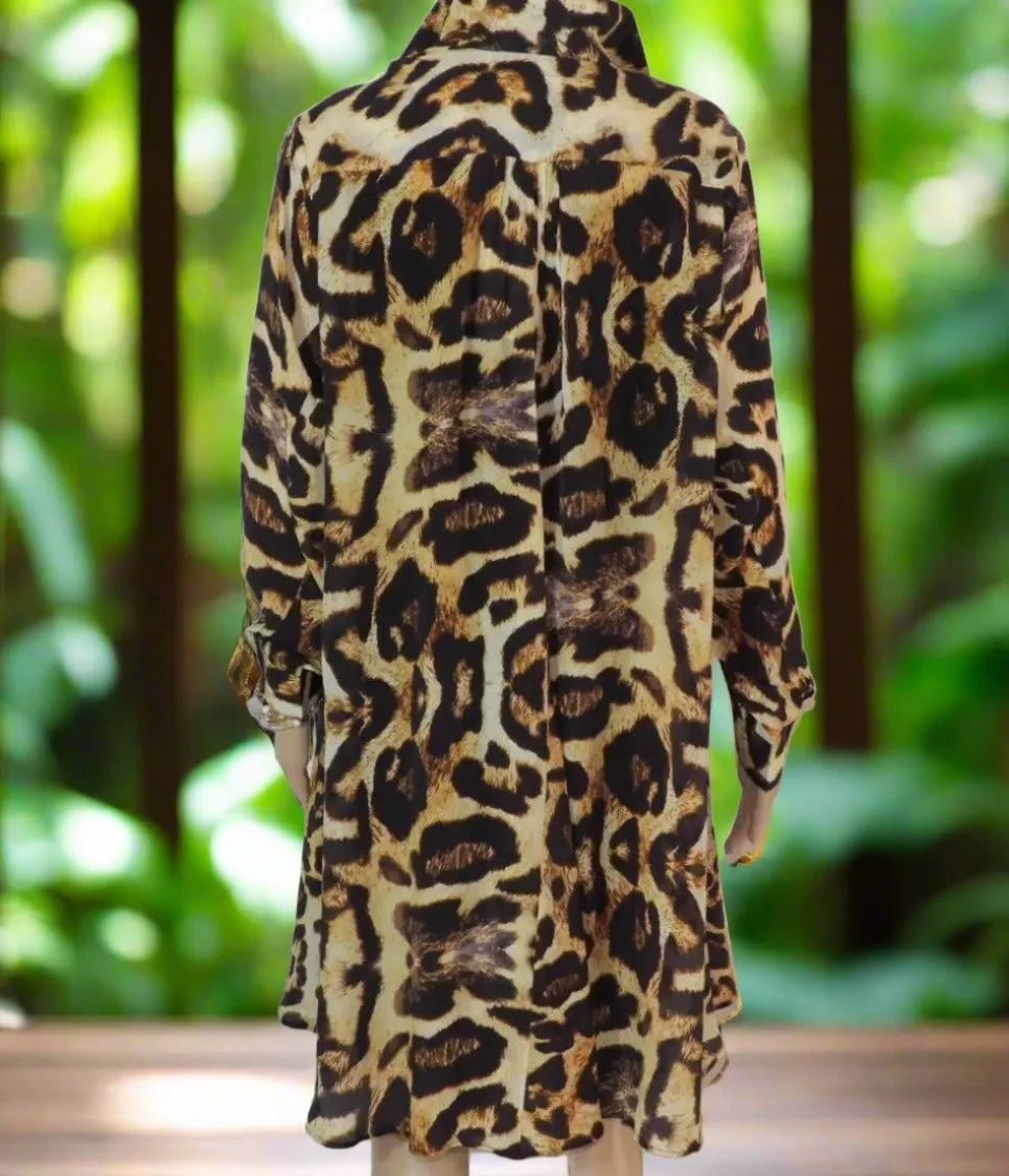 Leopard Silk Swing Shirt with Collar