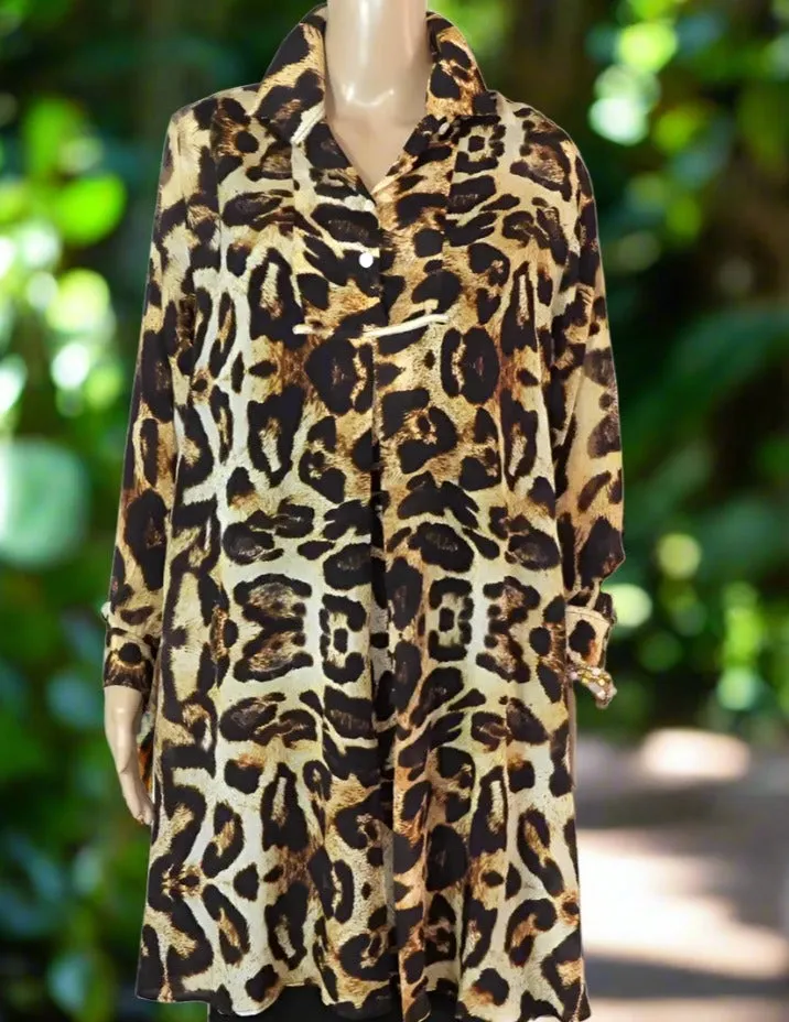 Leopard Silk Swing Shirt with Collar