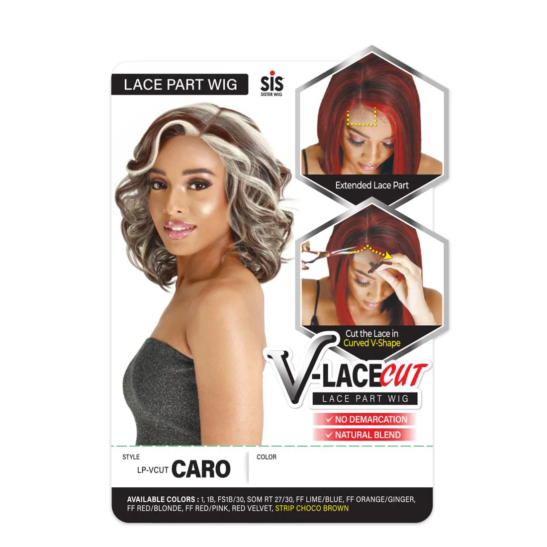 Sure, the optimized title for this e-commerce product in English would be: Synthetic Sis V-Lace Cut Part Wig with LP-VCUT Caro Design