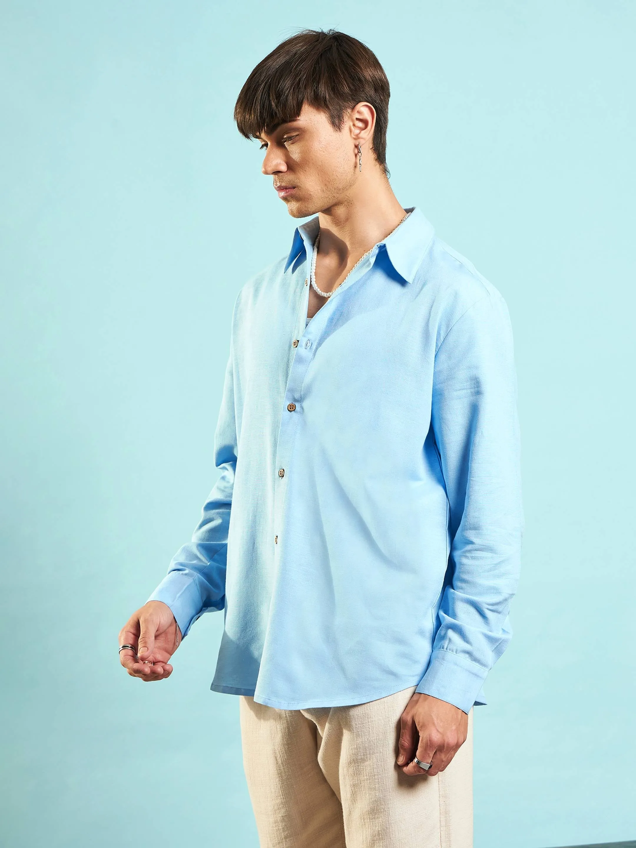 Men Blue Linen Flex Relax Fit Shirt