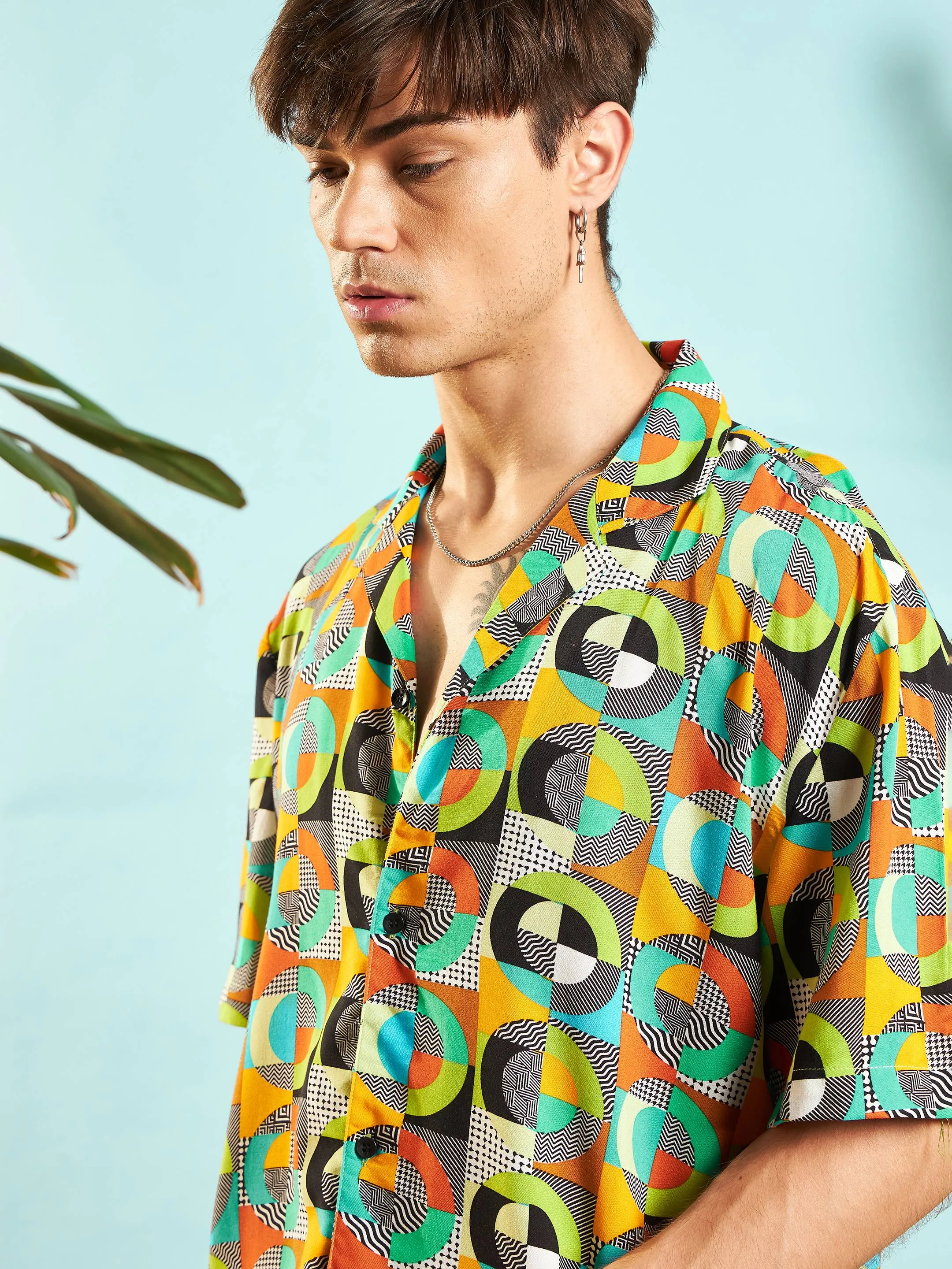 Men Green Multi Colour Geometric Relax Fit Shirt